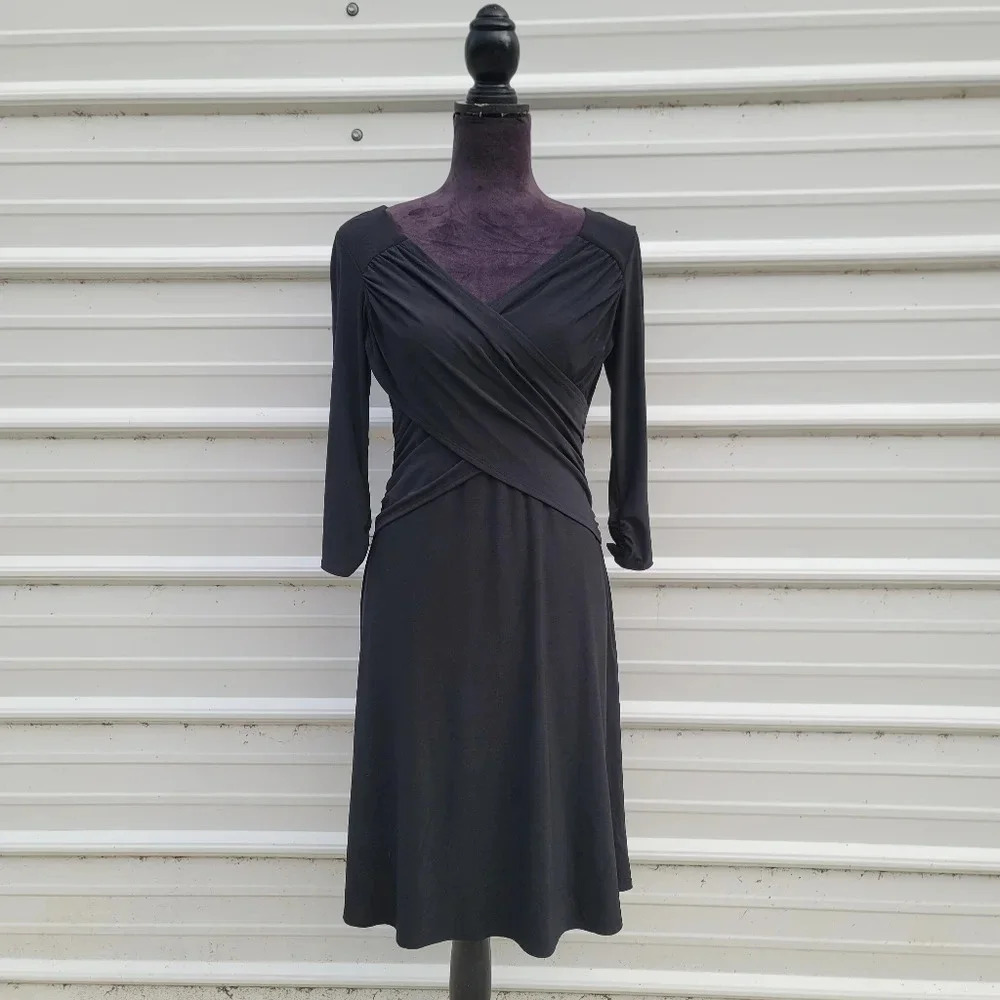 B-Slim Black V-Neck Stretch Faux Wrap Built-in Shapewear Dress Slimming 3/4 S